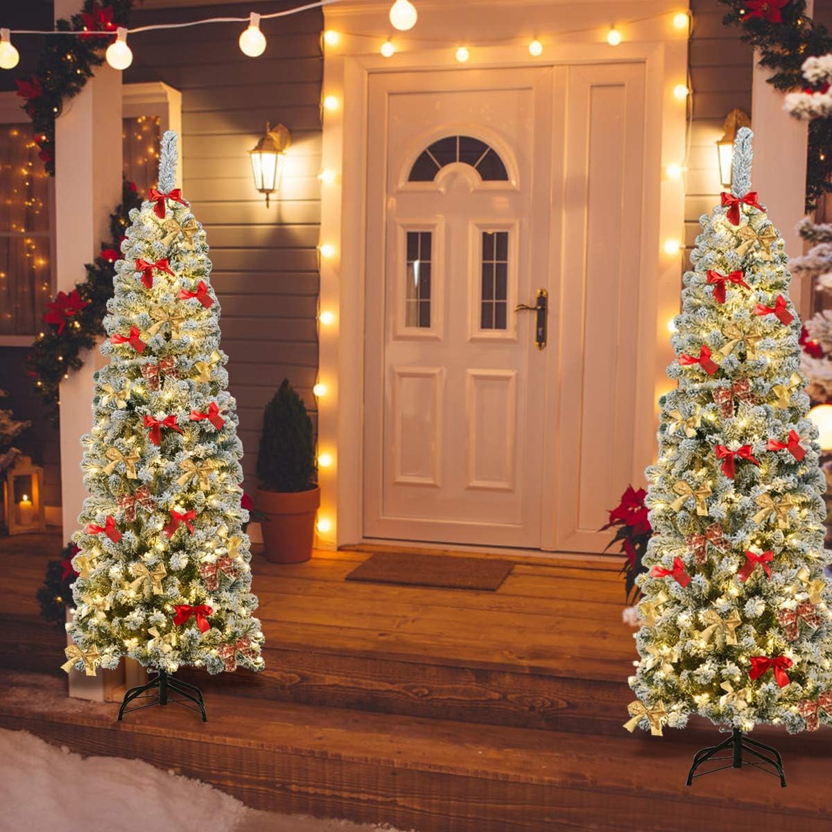 GOPLUS 135/180/225 cm Árbol de Navidad Artificial con Luces LED & Nieve & Soporte de Metal Plegable, Decoración Navideña de Árbol Nevado Esbelto y Flocado (180 cm)