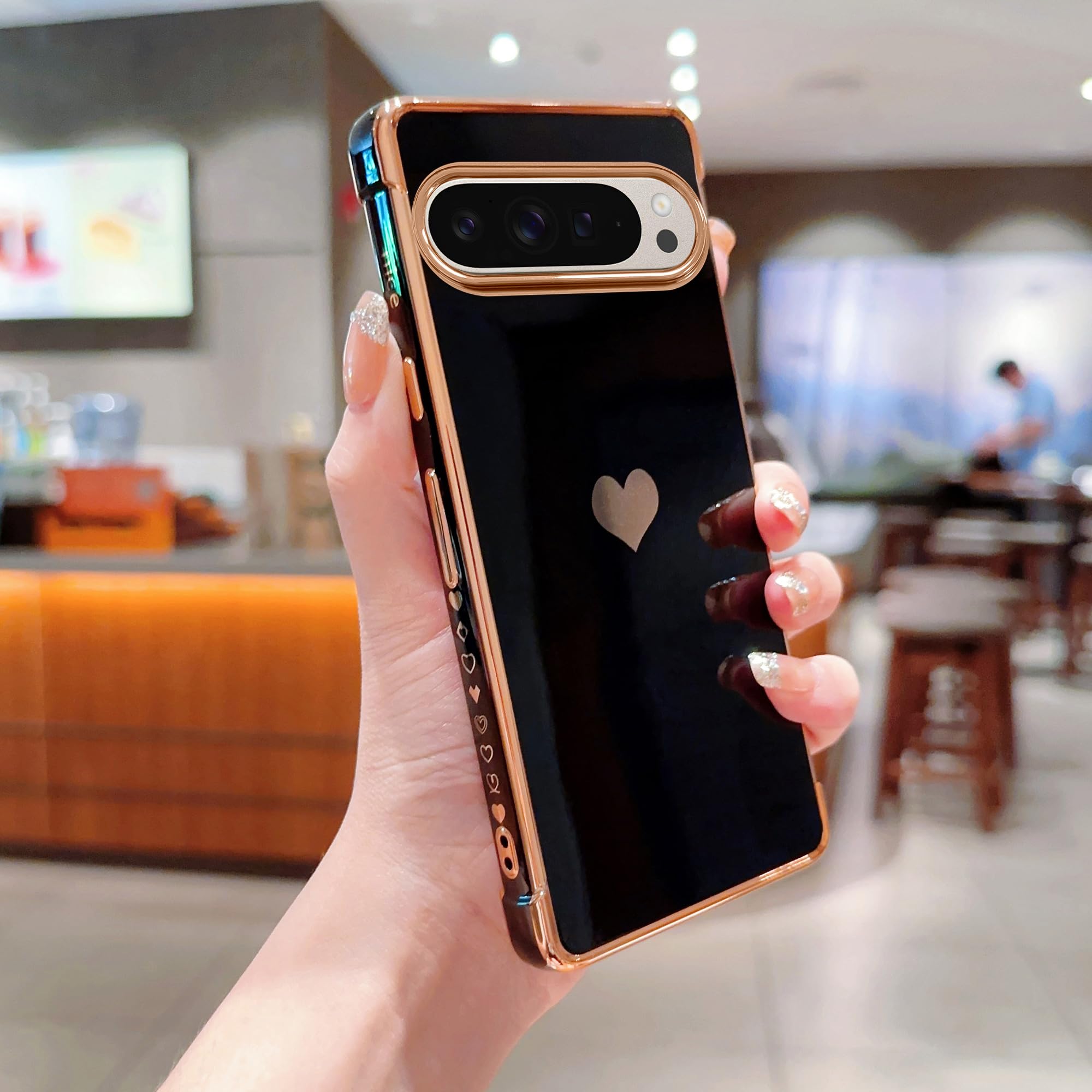 Phylla Phone Case For Google Pixel 9/9 Pro 5g 6.3",Luxury Plating Astronaut Stand Holder Phone Case With Cute Love Heart Side Small Pattern Soft Silicone Shockproof Kickstand Cover Bumper (White - View #9