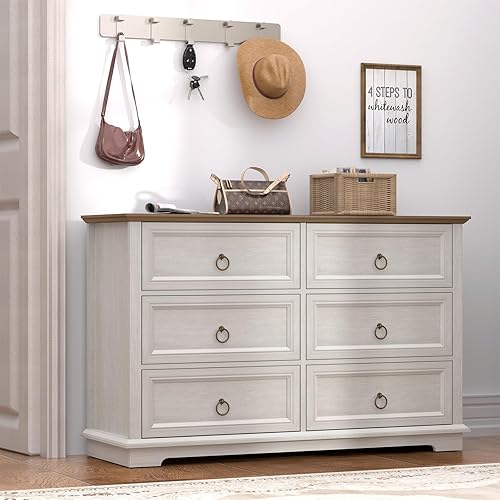 6 Drawers Dresser for Bedroom, Chest of Drawers, Dressers Organizer, Vintage Wood Drawer Chest for Living Room, Bedroom, Closet, Hallway, White