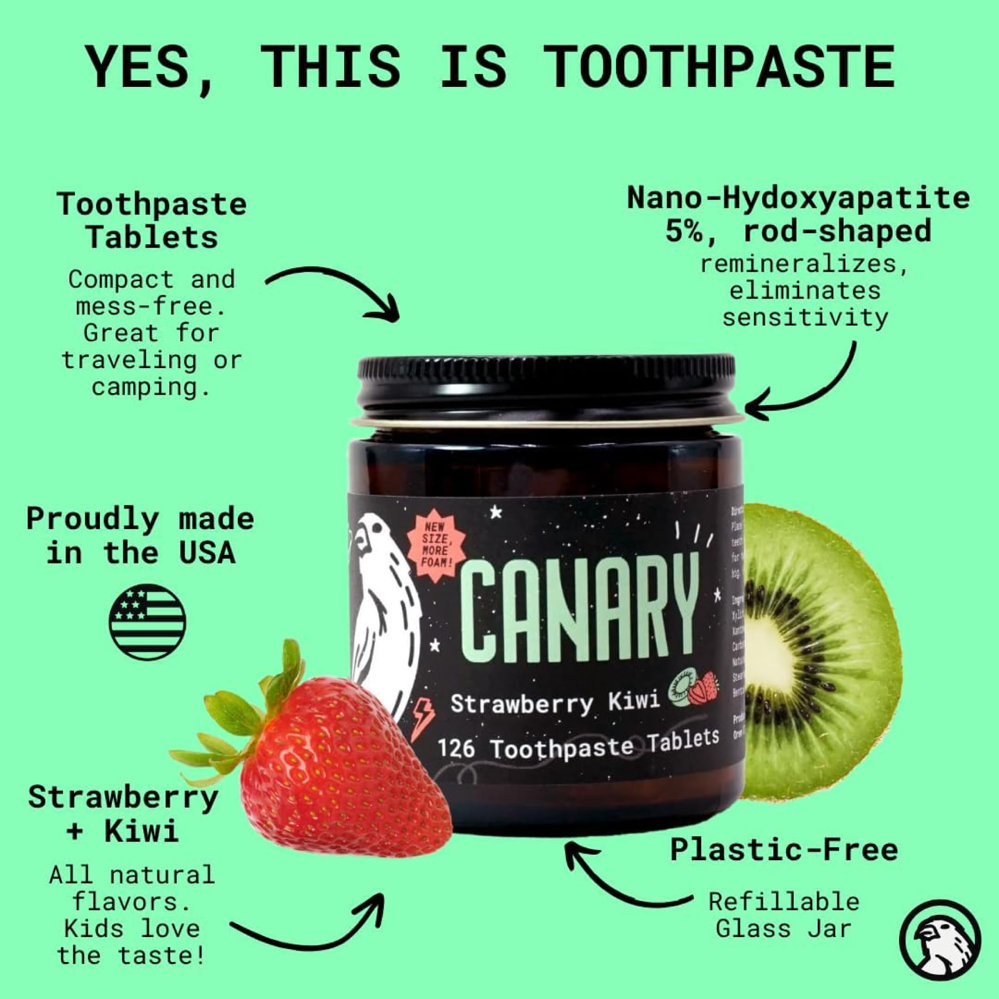 Canary Nano Hydroxiapatite - Pastillas de pasta de dientes de fresa y kiwi, remineralizantes, sin flúor, pestañas naturales con xilitol, ideal para niños, sin plástico, 126 unidades