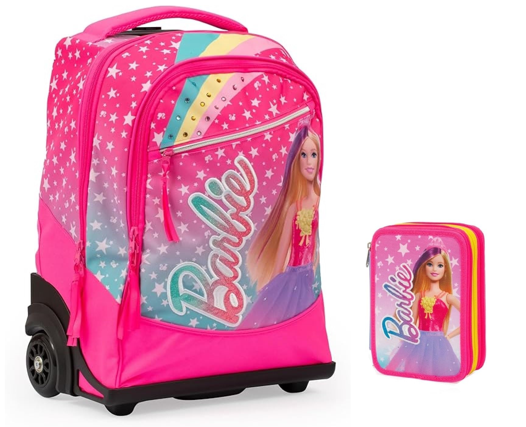 PRESTIGE & DELUXE Trolley Zaino scuola compatibile con Barbie Rosa per la scuola + Astuccio 3 piani + omaggio 7 penne multicolore e portachiave paillettes