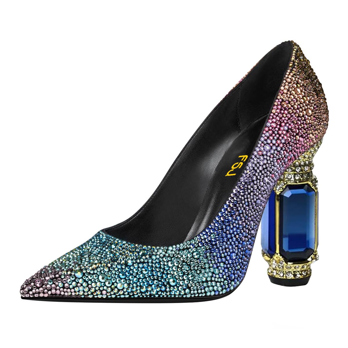 FSJ Women Crystal Chunky High Heel Pumps Closed Pointed Toe Sexy Block Heels with Rhinestones Slip On Bridal Party Wedding Dress Shoes Size 4-16 US