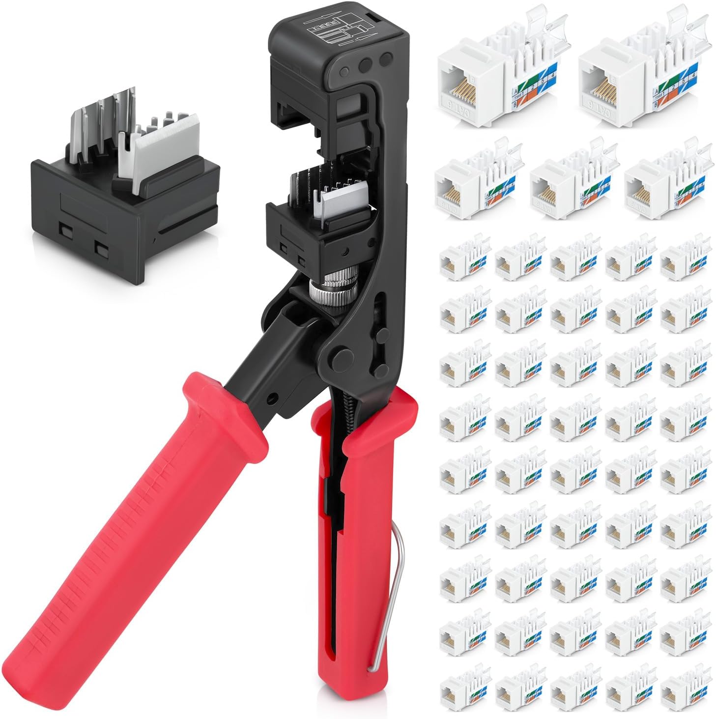 Bundle – 3 Items: 45Term - 45° Angled Speed Termination Tool + Replacement Head + 45° Angled Cat6 Keystone Jacks in White (50 Pack)