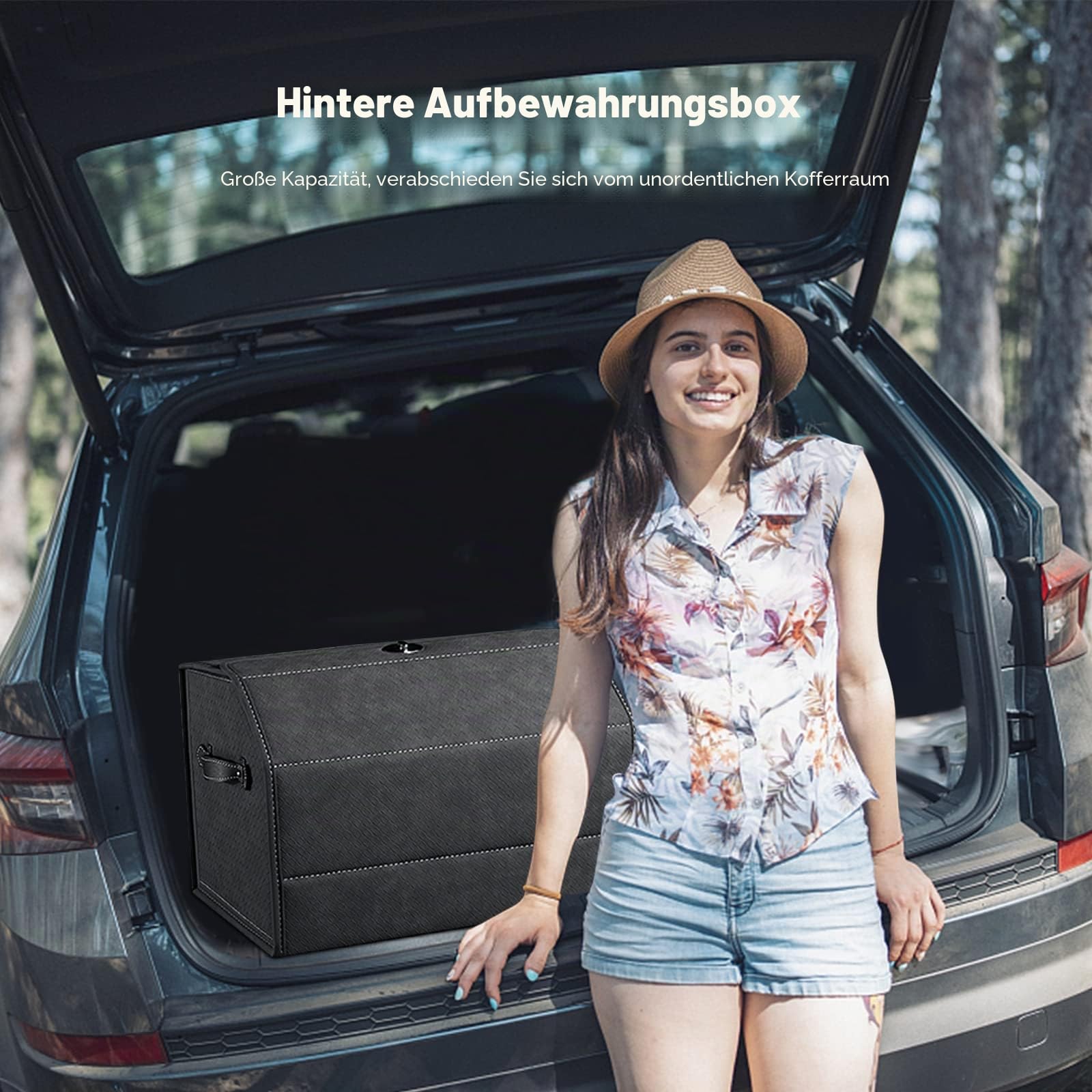 Ergocar Kofferraum Organizer, Faux Gewebtes Wildleder Autotasche Auto Kofferraum Box, Zusammenklappbarer Aufbewahrungsbox mit Griff, Wasserfeste Langlebig, Rutschfester Boden, 180° Öffnung