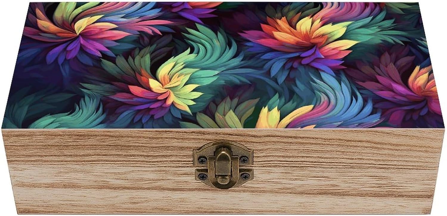 Small Wooden Storage Box with Lid - 7.9x3.9x2.3 Inch Colorful Flower Jewelry Box Vintage Keepsake Boxes Portable Jewelry Organizer Wood Trinket Box for Photos, Letters, Gifts