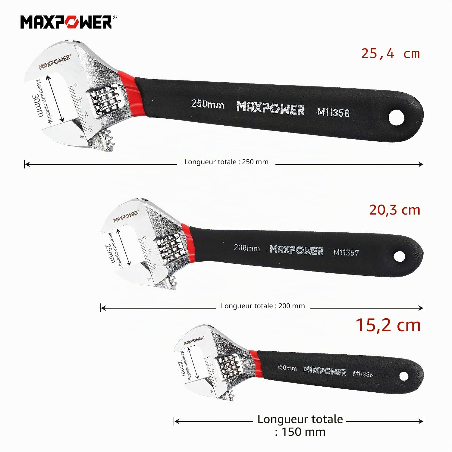 MaxPower Cle a Molette 3 Piéce 150 mm / 200 mm / 250mm, Clé à Molette Grande Ouverture Capacité de la Mâchoire 20, 25, 30mm - Clé réglable pour travaux de plomberie 6"/ 8"/ 10"