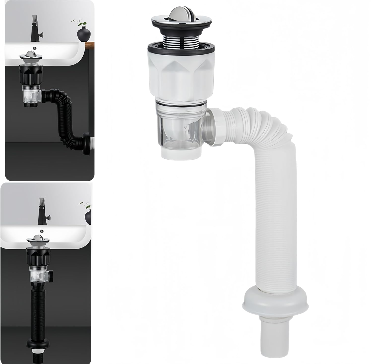 Bathroom Sink Drain Kit with Flexible Expandable P-Trap Sink Drain Pipe Tube Anti-Odor Bathroom Sink Drain Pipe for 1-1/4",1-1/2" and 2'' Drain Hole (Flip Style)