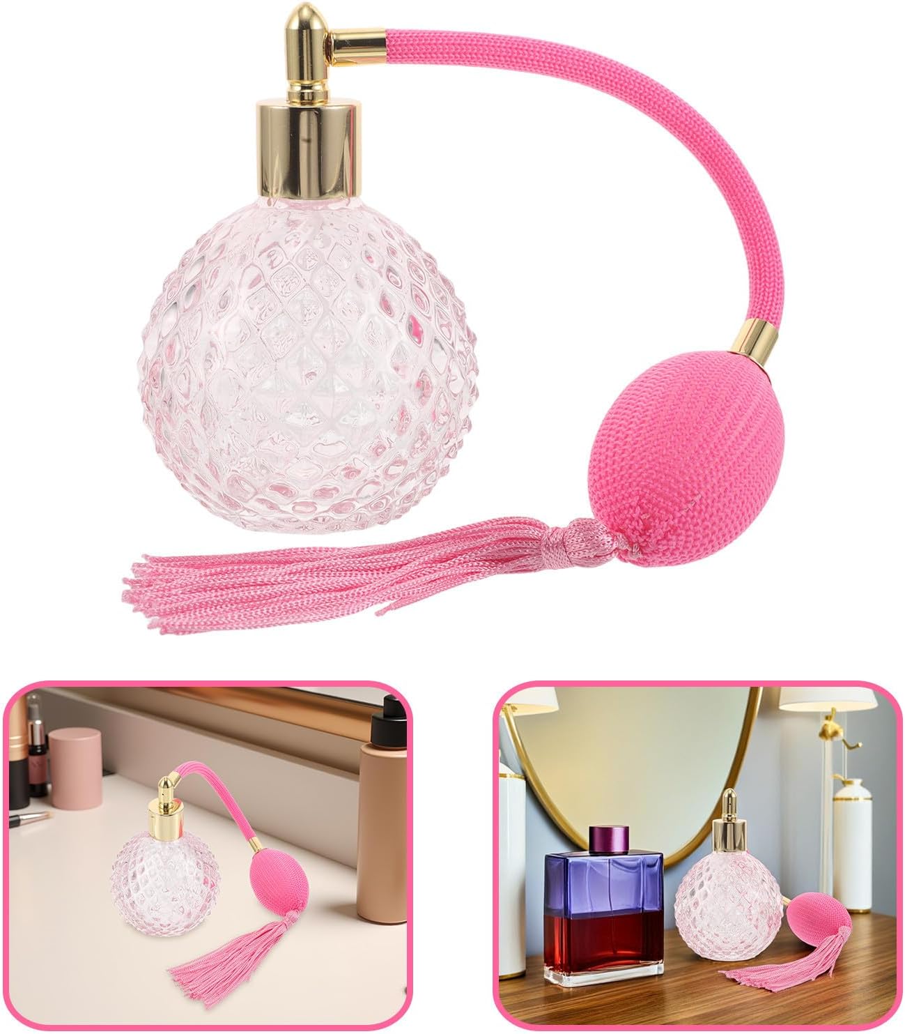 100ml Glass Perfume Bottle with Fine Mist Sprayer, Elegant round Refillable Travel Atomizer for Women, Vintage Decorative Spray Bottle for Makeup Routine and Fragrance