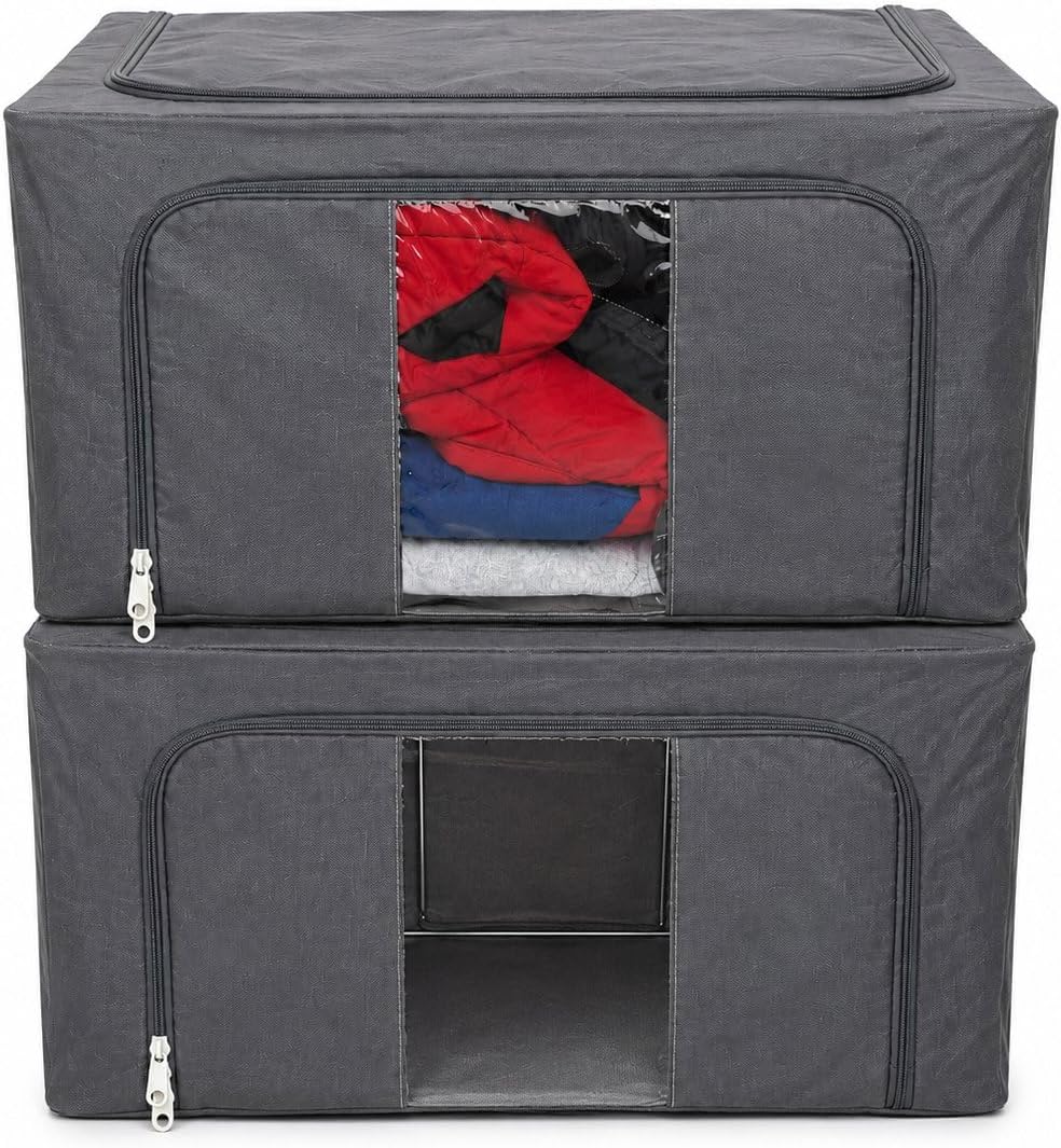 66L Storage Bags, 2 Pack, Clear Window & Reinforced Handles, Gray