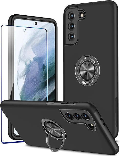 KRAFTCARE for Samsung S21 Case with Kickstand Ring and Screen Protector, Shockproof and Anti Scratch 360° Magnetic Ring Holder Stand Phone Cover for Samsung Galaxy S21 - Black