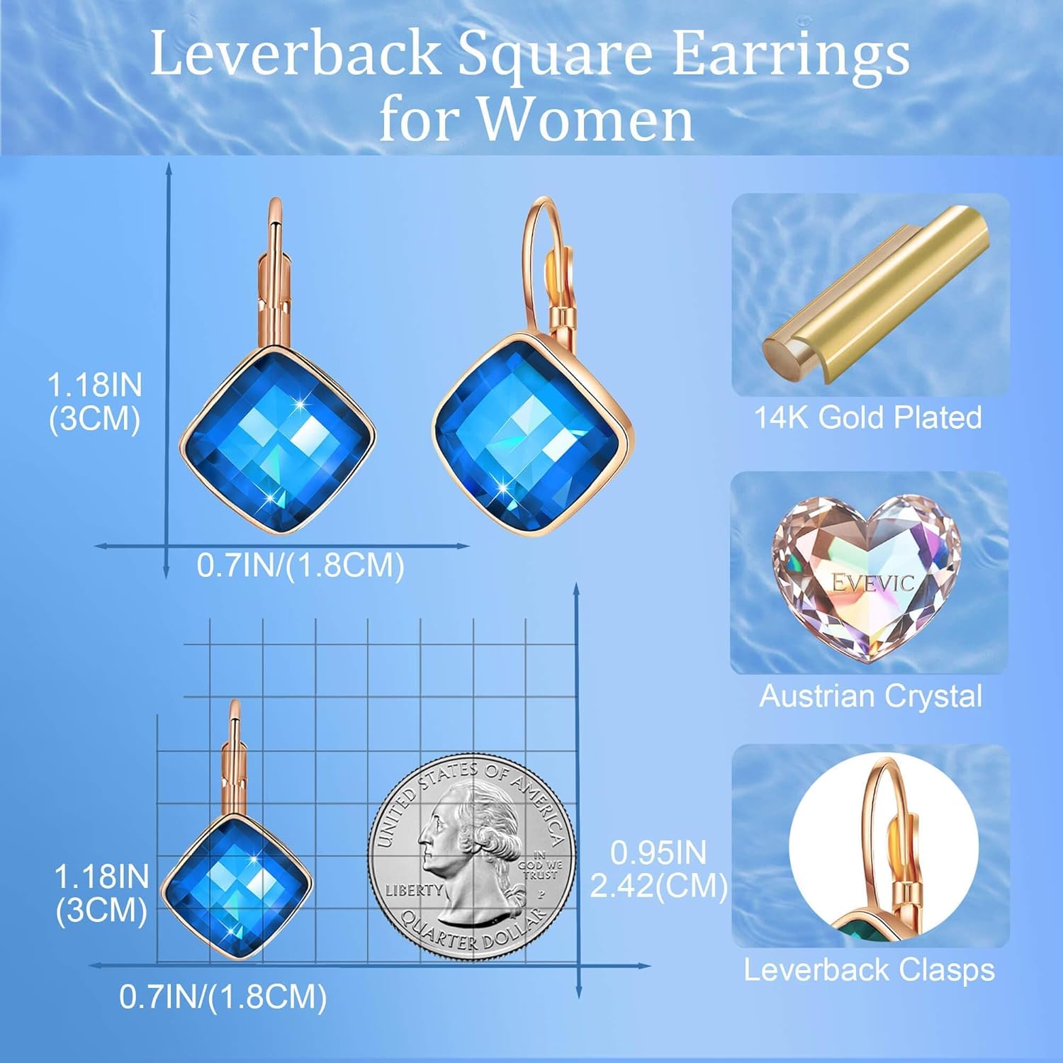 EVEVIC Austrian Crystal Square Dangle Drop Leverback Earrings for Women Fashion 14K Gold Plated Jewelry Gifts for Anniversary - Image 5