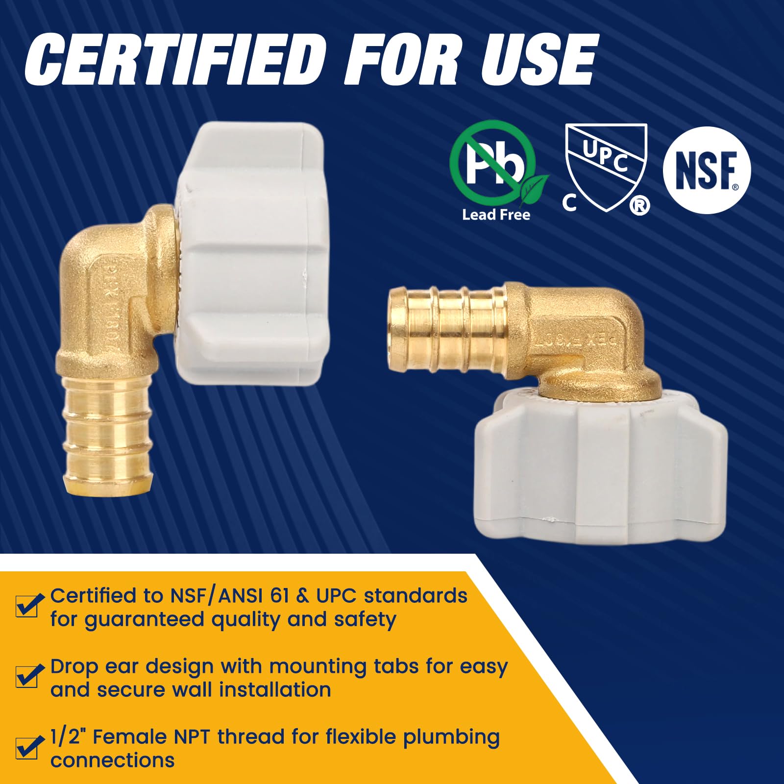 10 pezzi PEX raccordo espansione 1/2 "x 1/2" femmina NPT adattatore girevole a 90 gradi raccordi a gomito a crimpare raccordi in ottone senza piombo in ottone ASTM F1807 e NSF certificato