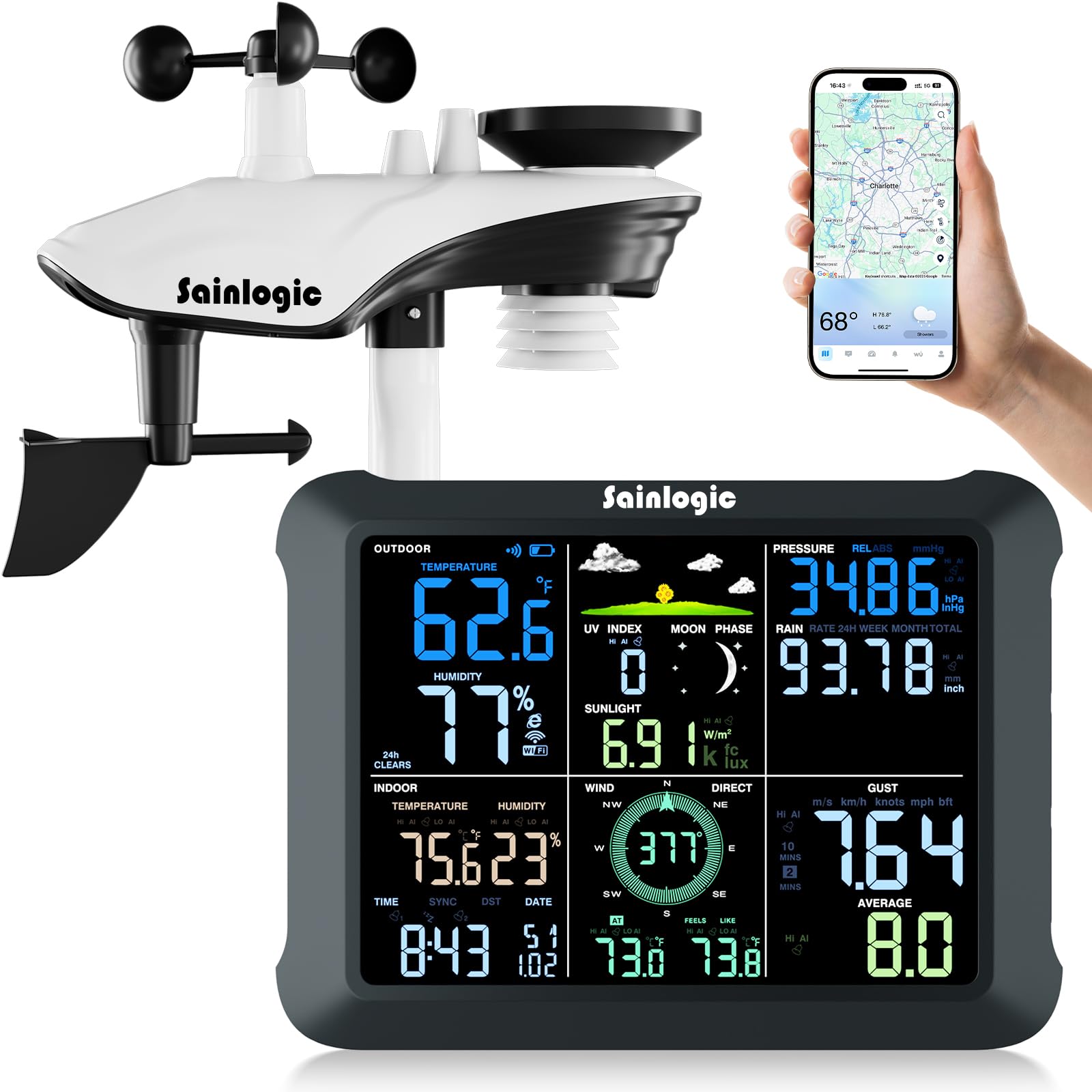 Photo 1 of Sainlogic WiFi Smart Weather Station 14-in-1 with 24/7 Accurate Weather Forecast by Weatherseed® AI, 8.5" Large Display, Wind Gauge, 2-Year Data Storage & Export (Only 2.4G)