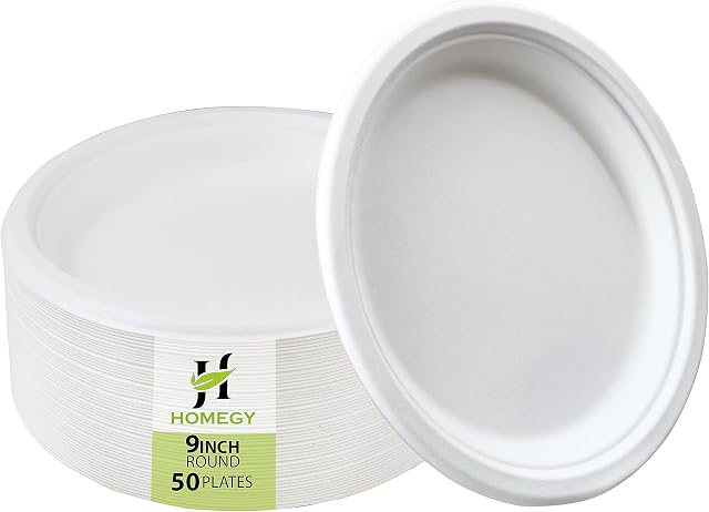 Homegy Pack of 50 Super Rigid Disposable Paper Plates - Eco Friendly, Compostable, and Biodegradable Bagasse Plates - 9 inch White Dinner Plates - Party Plates - Best for Picnics, Parties & BBQ's