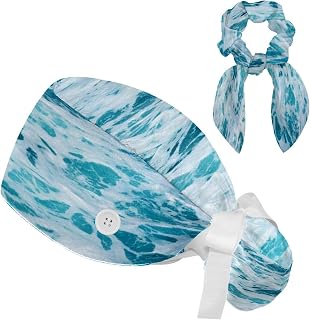 FVQL 2 Pieces Surgical Cap for Long Hair Scrub Cap with Hairband Nurse Cap, Sea Water Pattern