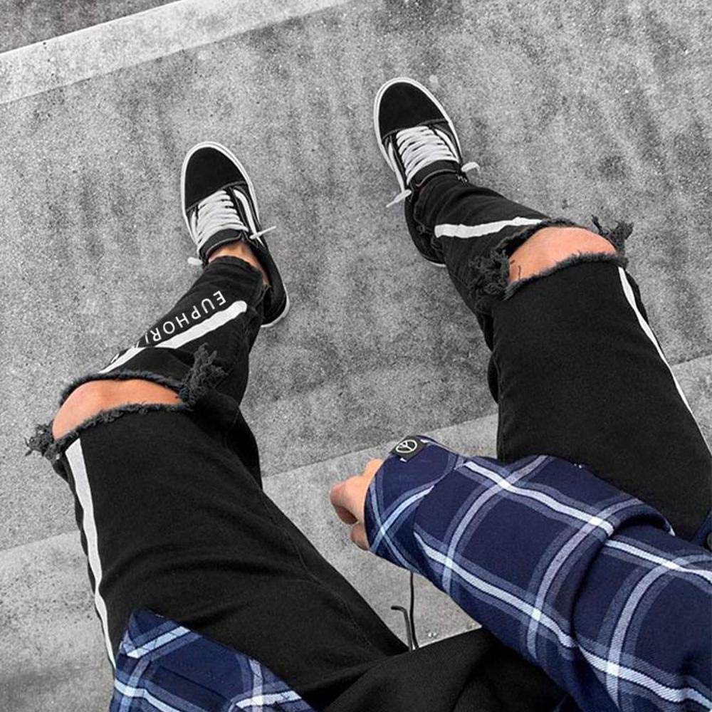 WQZYY&ASDCD Jeans Pantalon Herren Stretch Ripped Pants Streetwear Herren Denimjeans Herren Elastische Taille Skinny Jeans Druck Locomotive Jeans
