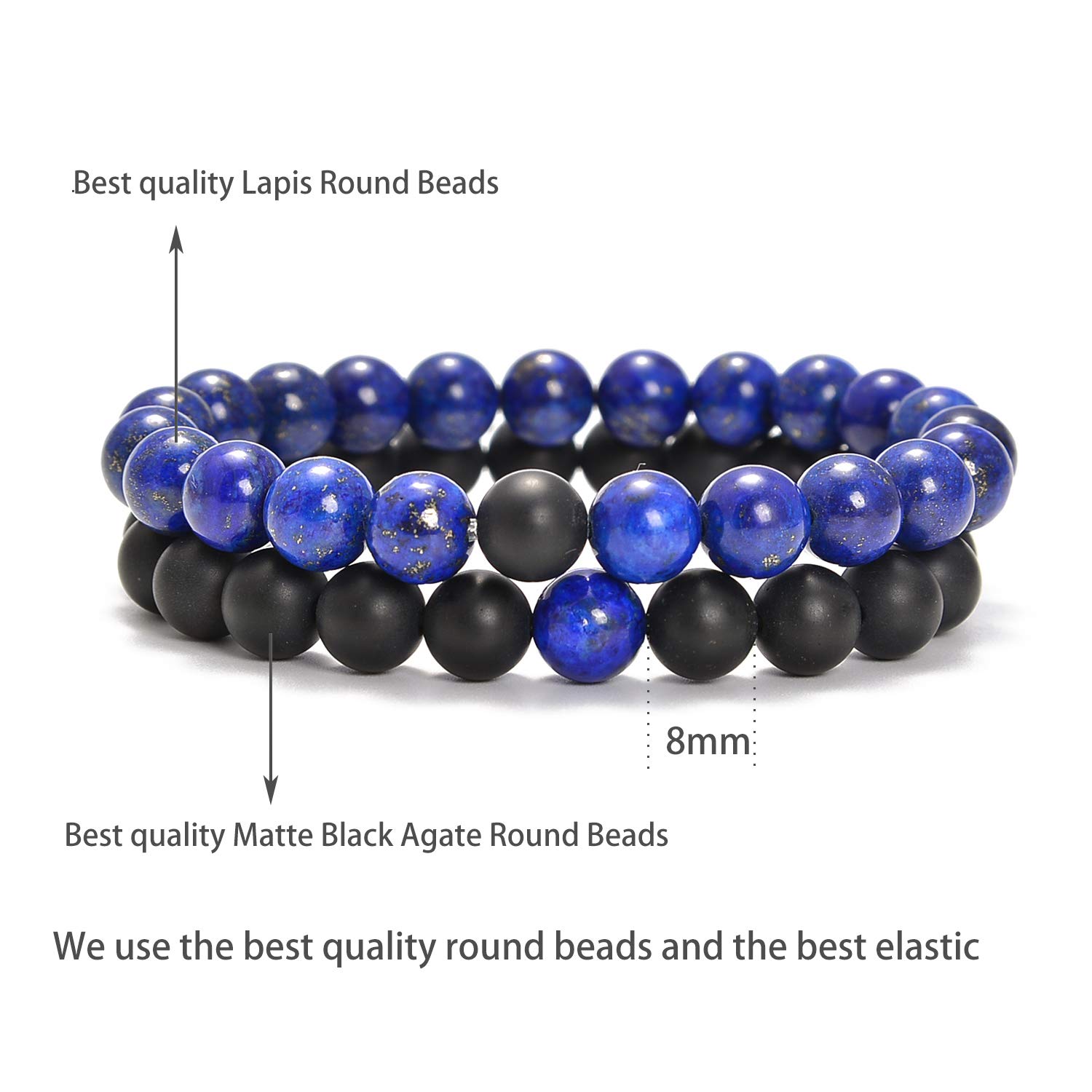 Matowy czarny agat i lapis lazuli 8 mm okrągłe gładkie koraliki długodystansowe pary miłość przyjaźń Combo zestaw bransoletek - zestaw bransoletek rozciągających się w związku dla par |
