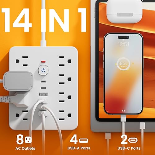 Miniatura 2 de Regleta protectora de sobretensiones de 5 pies, cable de extensión con múltiples salidas (8 salidas de CA, 4 puertos USB y 2 puertos USB C),