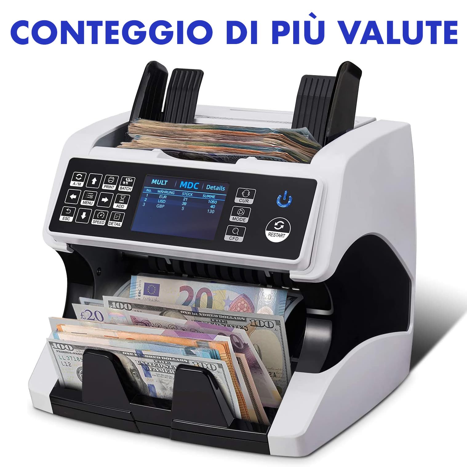 MV-500 Macchina conta banconote professionale a denominazione mista | EUR, USD, GBP, ecc. | 11 metodi di rilevamento delle contraffazioni | Conta soldi