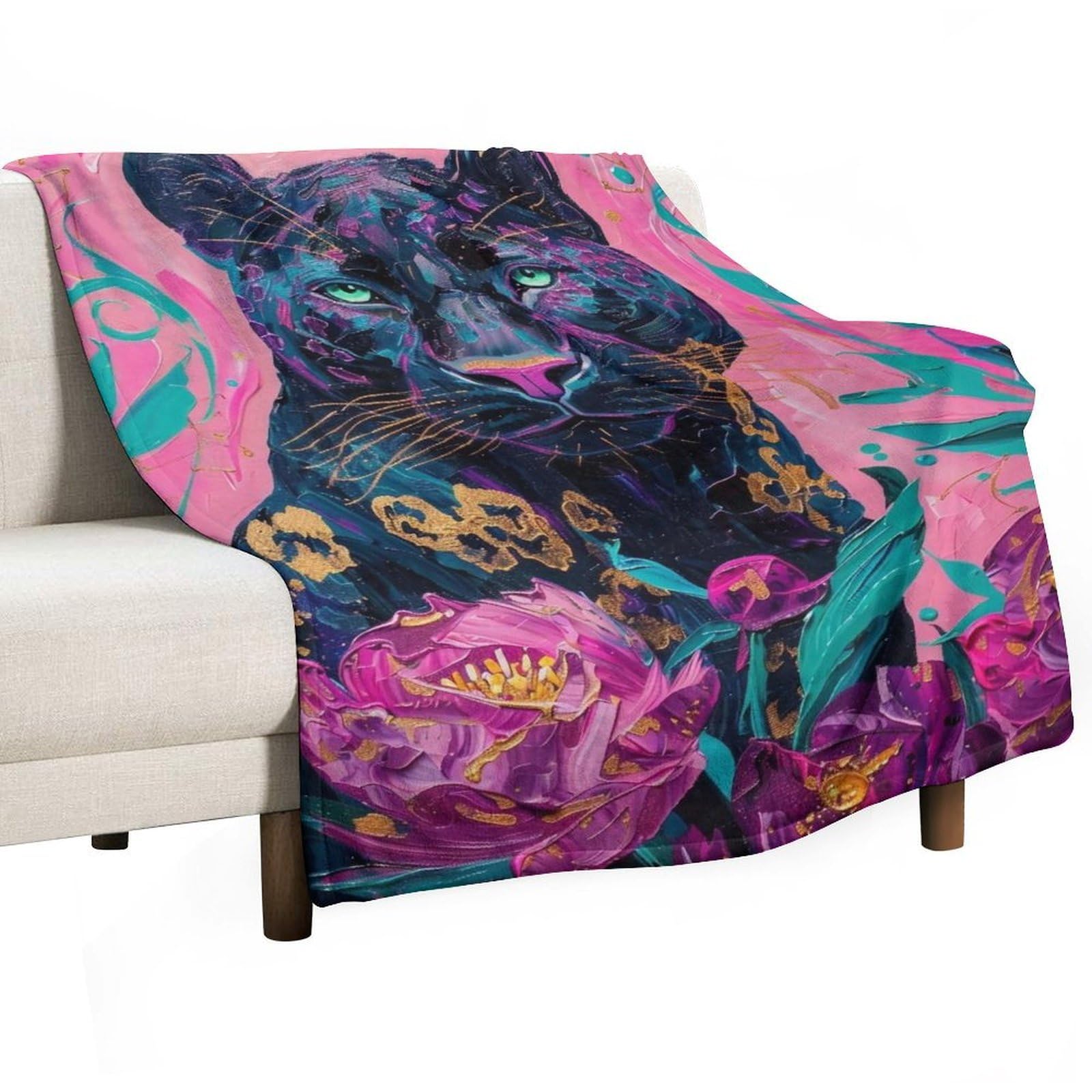 YHGSREUOH Black Panther with Peonies 02 Flannel Blankets Fleece Soft Throw Lightweight Plush Gifts for Couch, Bed, Cozy Sofa Plush, Chair, Lovers 130x175cm(50x70in)
