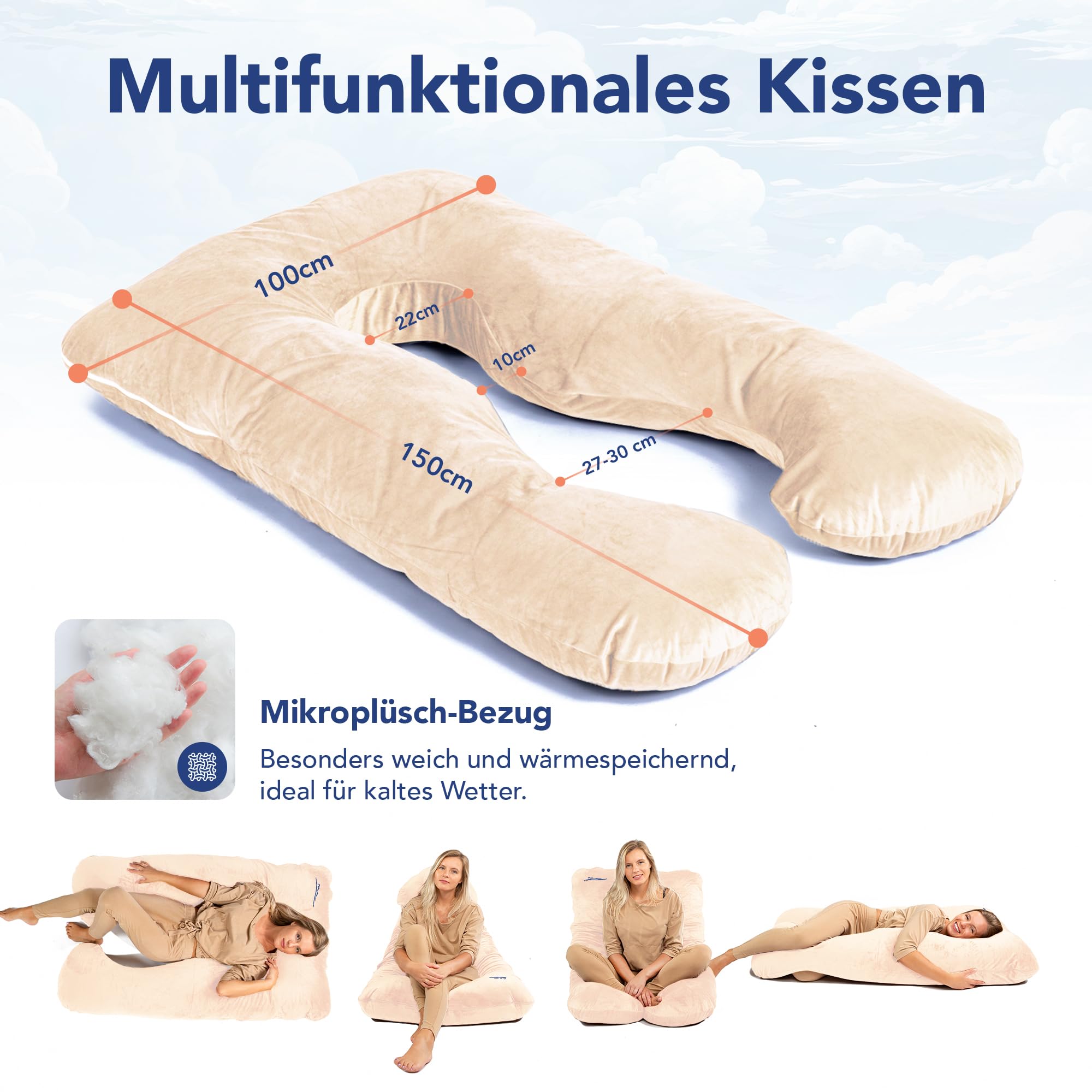 MKS Cuscino per chi dorme sul fianco con rivestimento, cuscino confortevole (100 x 150 cm), cuscino per dormire sul fianco, a forma di U, ergonomico, di alta qualità, con micropeluche (morbido), pesca