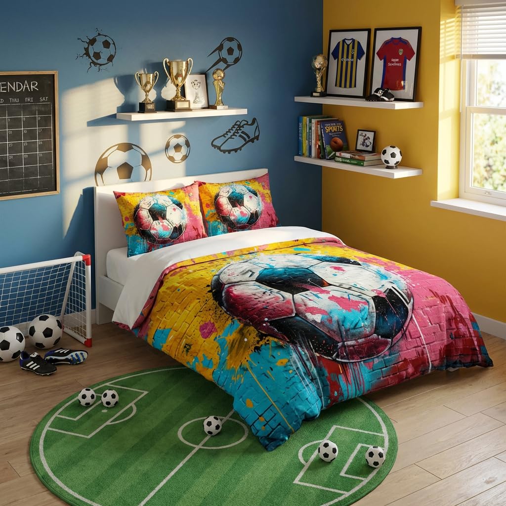 Adam Home 3D Digital Printed Football Duvet Cover Set With Pillowcases Home Bedroom Décor Microfiber Single Bedding Set Made in UK |Football Painting on Wall