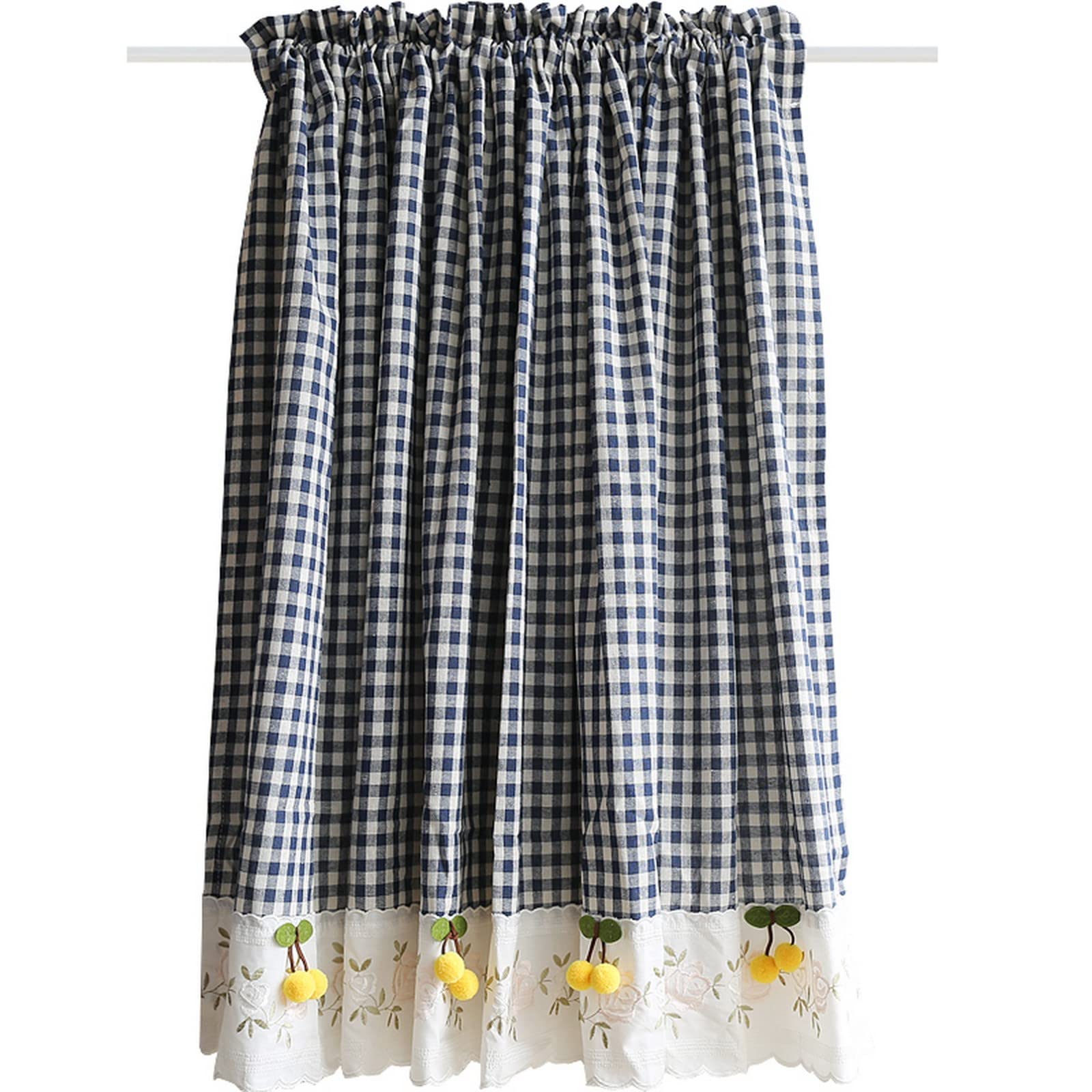 Rideau de fenêtre en coton à carreaux bleus – Motif fleurs de cerisier – Cantonnière rustique semi-transparente pour cuisine, bistrot, café – Petite taille – Décoration d'intérieur moderne