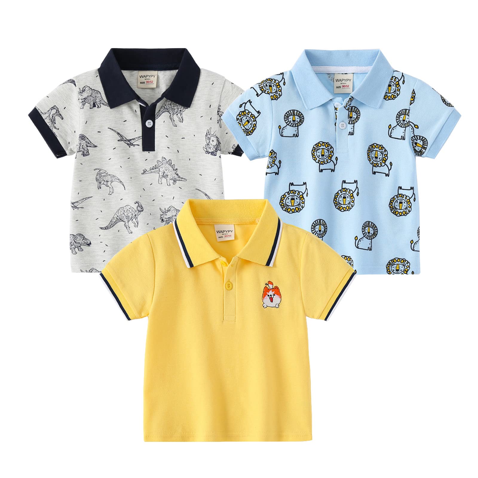 Camisetas de Polo para niños de 2 a 6 años con Dibujos Animados de Dinosaurios de 3 Paquetes de Camisetas de Manga Corta, Azul+Blanco+Raya