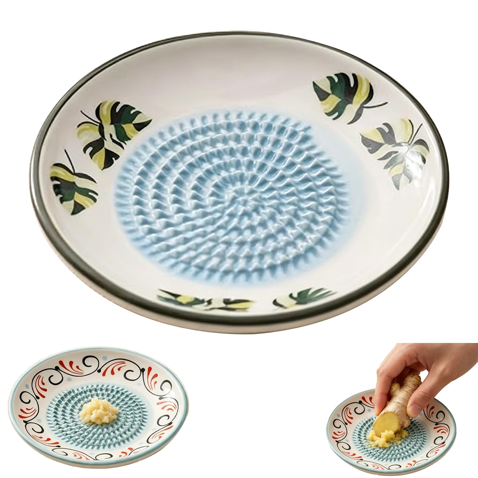 Ceramic Garlic Grater Plate -Ceramic Grating Plate for Garlic, Nutmeg, Fruit Purée & Baby Food | Non-Slip Kitchen Herb Shredder & Masher Dish, Easy Clean (Sage Green Tropical Palm Leaf)