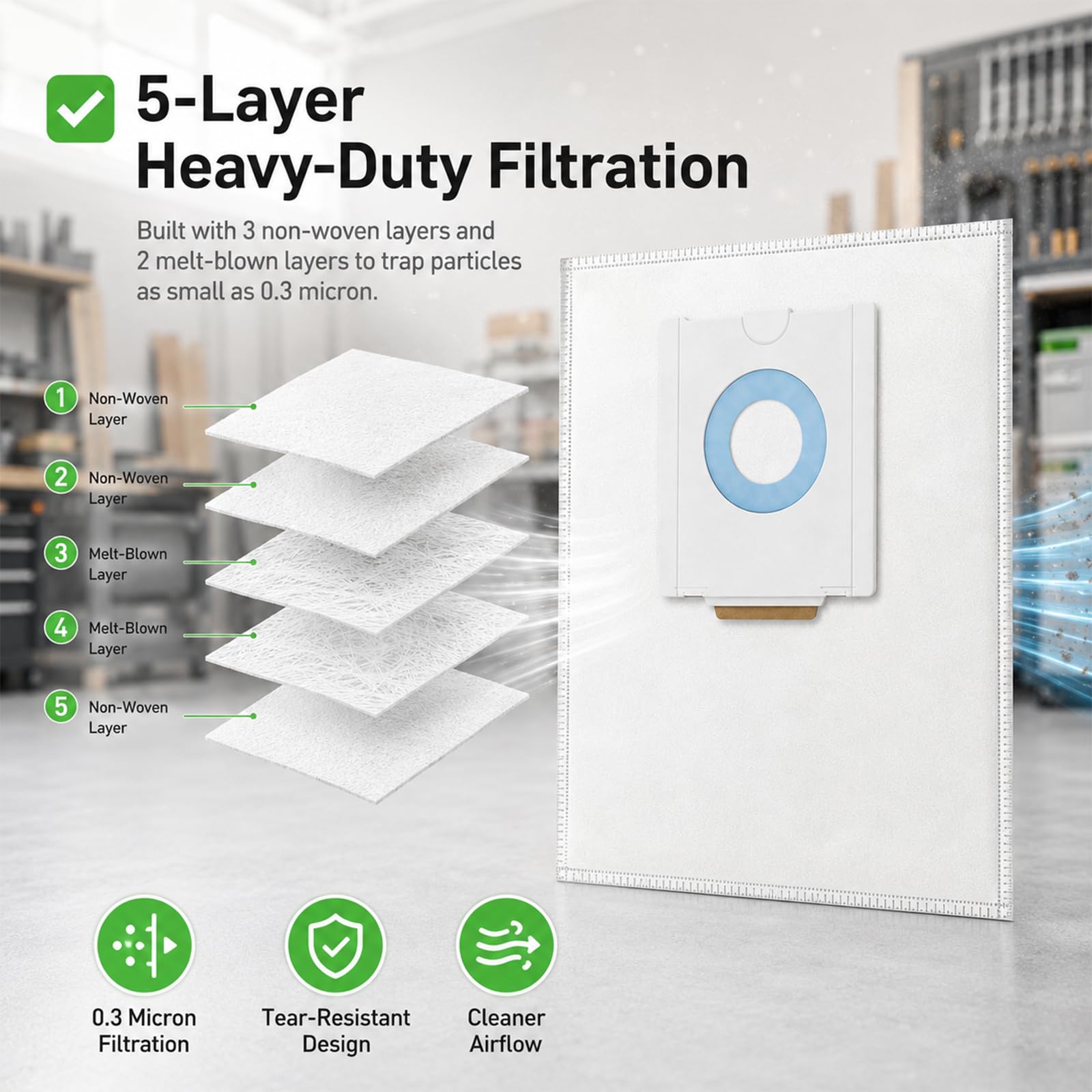 10 Stück Filterbeutel für Festool CT 36 CTM 36 E/CTL 36 E Staubabsaugung | 496186 Staubsaugerbeutel Selfclean Filtertüten mit 5-lagiger Filtration, großes Fassungsvermögen, 64 x 80 cm