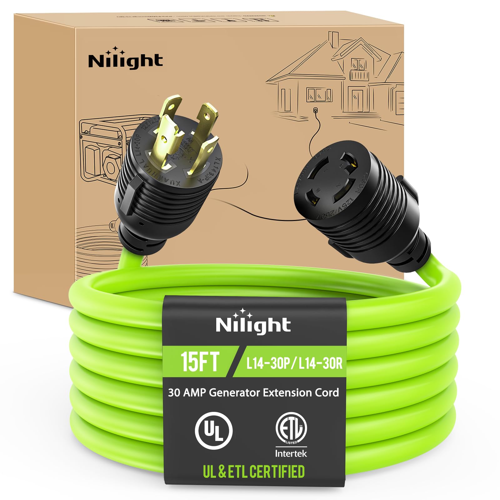 Nilight 15FT 30 Amp Generator Extension Cord 10 Gauge L14-30P to L14-30R