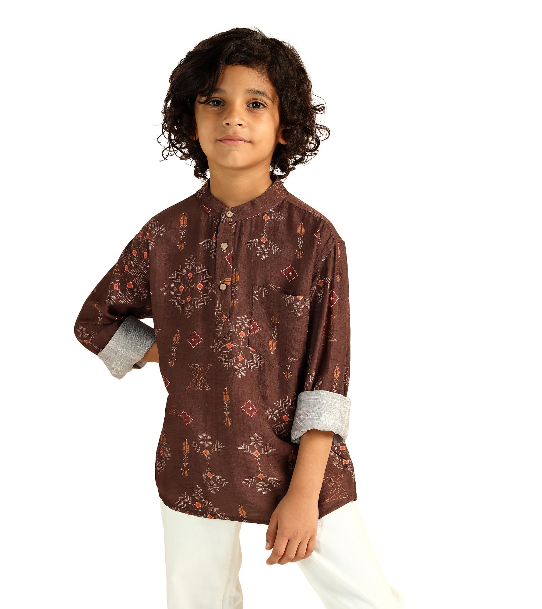 Bugandbees Boys Geometric Nylon Short Kurta|Cuff Sleeve| Mandarin Collar|Kids Clothes for Boys Dress 8-9 Years Ethnic Wear|Fancy Traditional Dress|One Piece(BBKUB00000330_8-9Y_Brown)