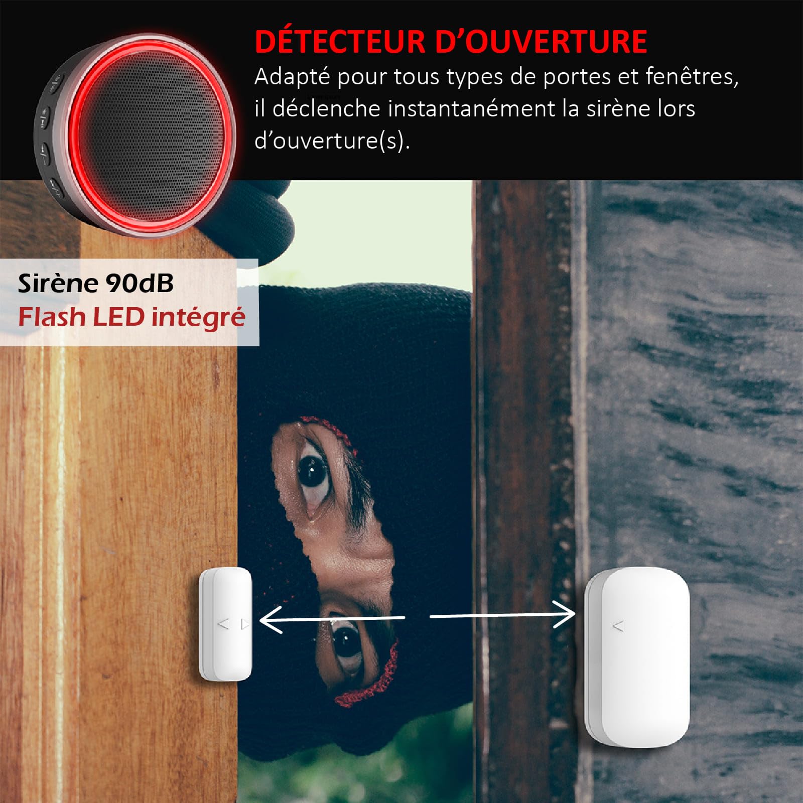 Kit Alarme évolutif 868Mhz connecté WiFi avec sirène intégré 90dB et Flash Lumineux, Sirène extérieure Solaire 90dB, détecteur de Mouvement, détecteur d'ouverture (x2) et télécommande (x2)