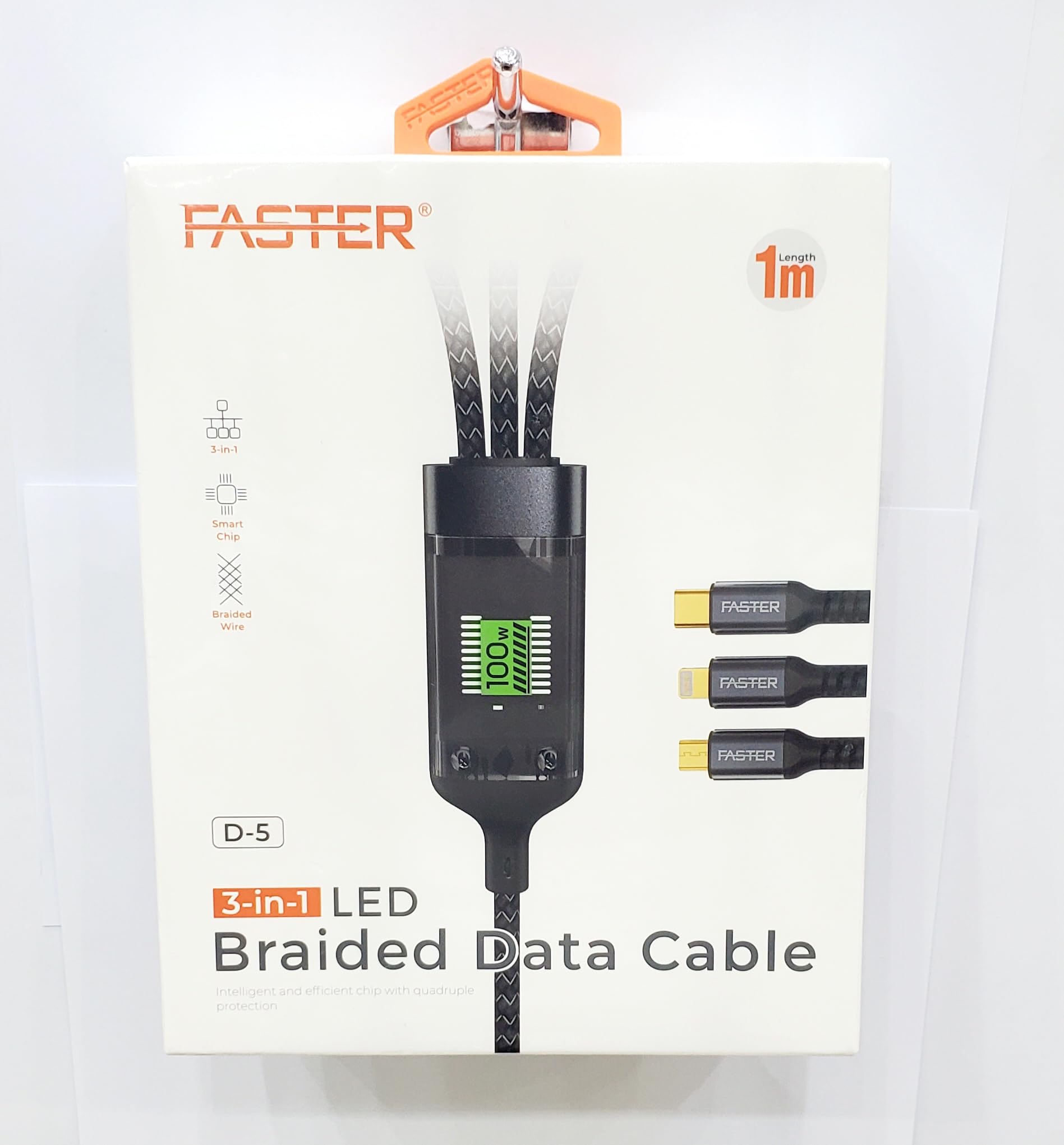 3-in-1 LED Braided Data Cable, D-5 Model, with 3 Fasten Connectors
