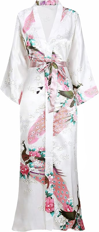 Women's Kimono Robe Long Satin Robes with Peacock and Blossoms Printed Kimono Nightgown
