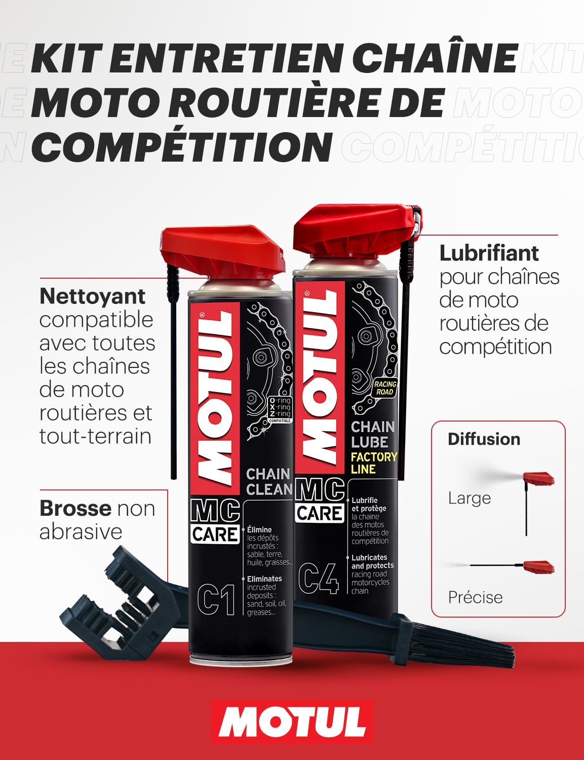 Motul - Kit d'entretien Chaîne Moto Routière de Compétition - Nettoyant MC Care Chain Clean C1 400ml + Lubrifiant MC Care Chain Lube Factory Line C4 400ml + Brosse Non Abrasive