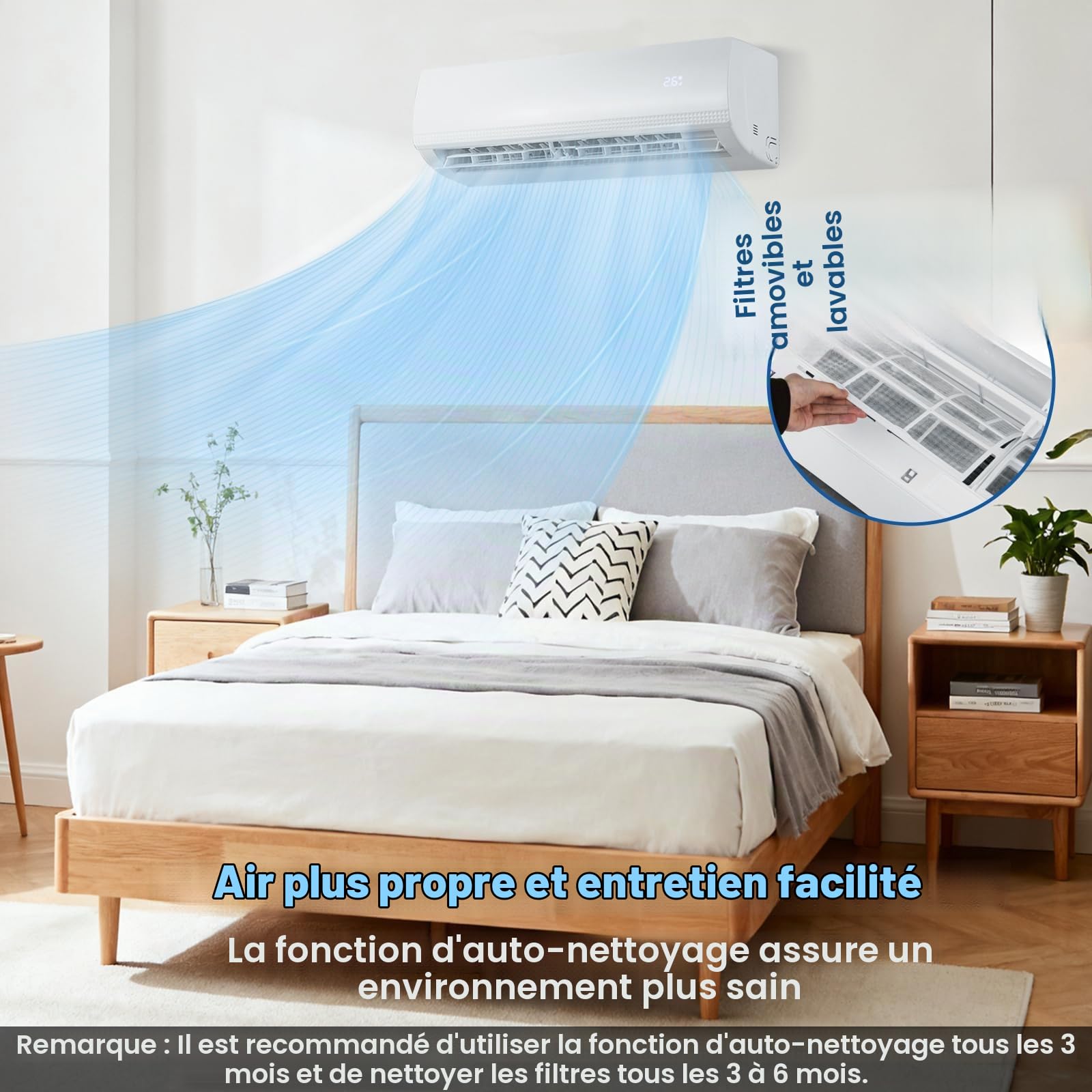 SOARS Climatiseur Reversible 9000 BTU R32 A++, Climatiseur Mural Split Eco avec Fonction Chauffage/Refroidissement/Déshumidification, 7 Modes, 8 Vitesse de Vent, Minuterie 24H, Accessoires Incluses