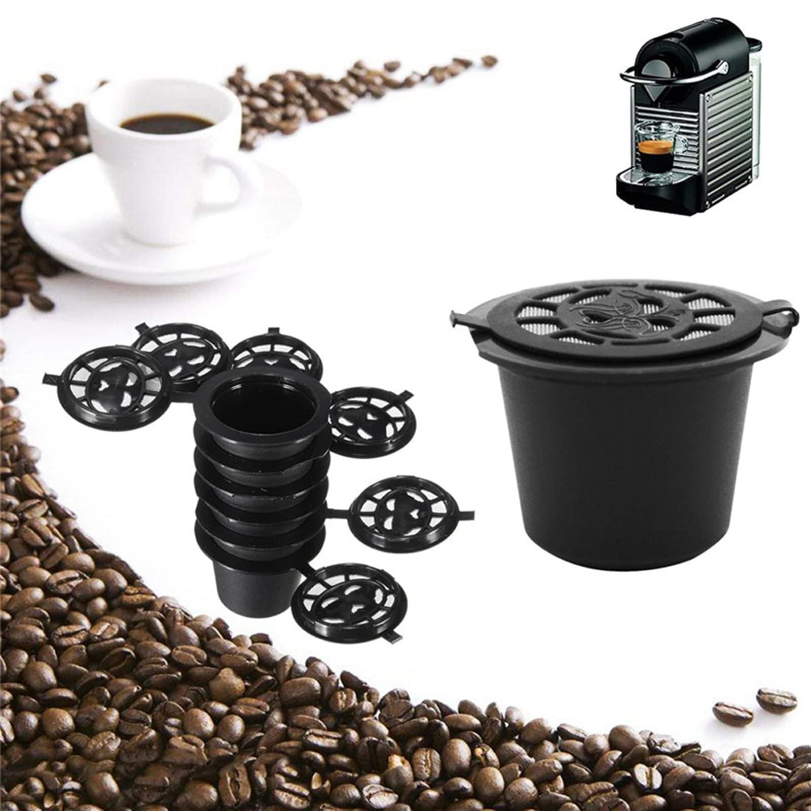 JINGYAN Filtry do kawy Reusable Coffee Capsules Cup With Spoon Brush Black Refillable Capsule Refilling Filter Coffeeware Gift