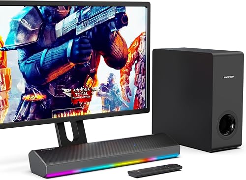 TAGWOOD RGB Gaming Soundbar with Subwoofer, 2.1 Channel 80W Bluetooth Sound Bar with Dynamic LED Lights Sync to Music & Games, HDMI ARC/Optical/AUX/USB, Deep Bass for TV PC Monitor Party