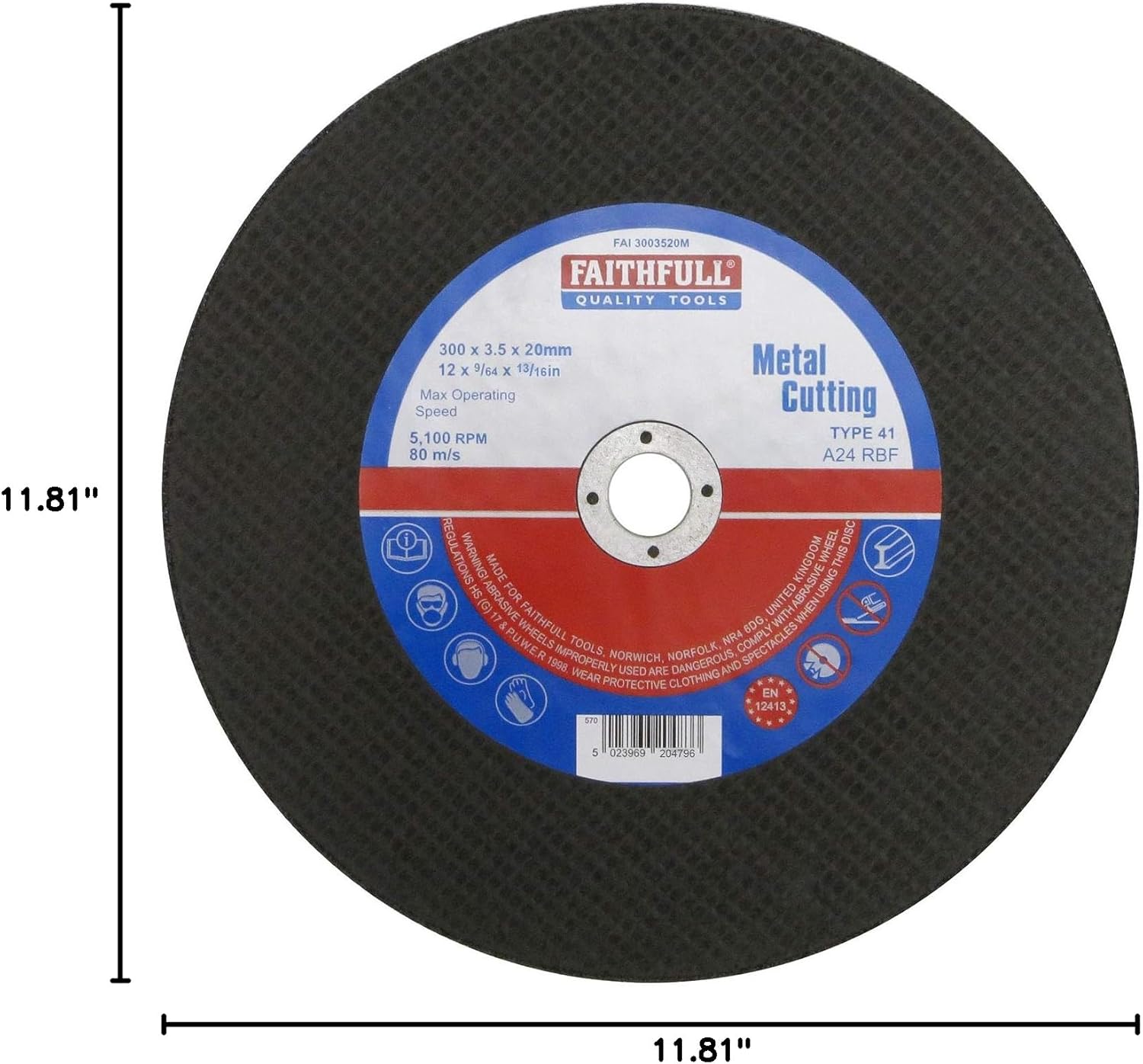 Faithfull 300mm x 3.5mm x 20mm Aluminium Oxide Metal Cutting Disc for Angle Grinder, Bench Mini Stationary Cutting-off Machines