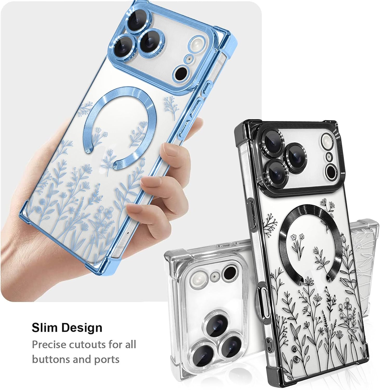 LSL Designed Case for iPhone 17 Pro [Compatible with MagSafe] Flower Pattern Design Soft TPU Anti-Drop Shockproof Protective Slim Luxury Floral Plating Clear Cover - Blue