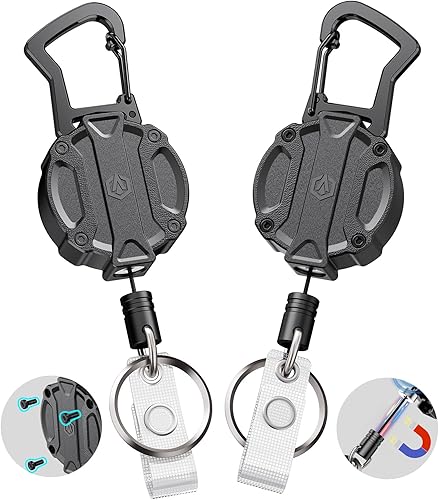 Autonomier 2Pack Heavy Duty Retractable Keychain, Unbreakable Embedded Body with 30.5" Dyneema Cord, Tactical ID Badge Holder Reel Carabiner Clip with Secure Magnetic Closure for Men, Holds 25oz
