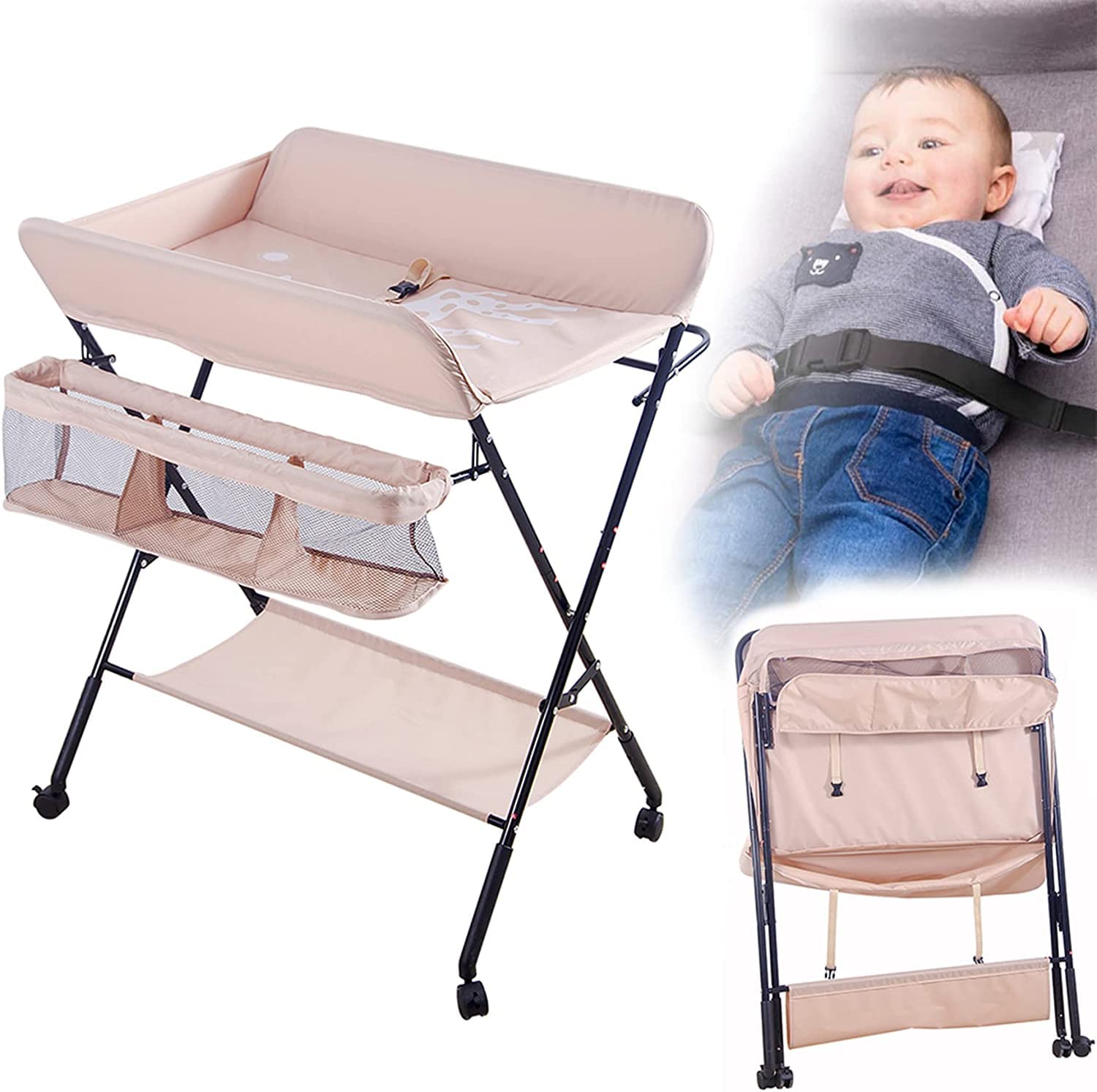 Fasciatoio Pieghevole per Neonato con Struttura Stabile,Fasciatoio per Bambini, Salva Spazio, per Cambio Pannolino,4 ruote con freno,con Scomparti Portaoggetti (80 * 66 * 98 cm rosa)