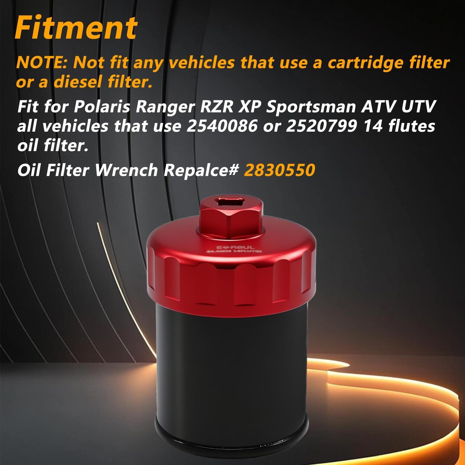 EVRBUL Clé à filtre à huile en aluminium 64 mm 14 cannelures compatible avec Polaris Ranger RZR XP ATV UTV Clé de retrait robuste pour filtre à huile 2540086 2520799 Remplacement # 2830550