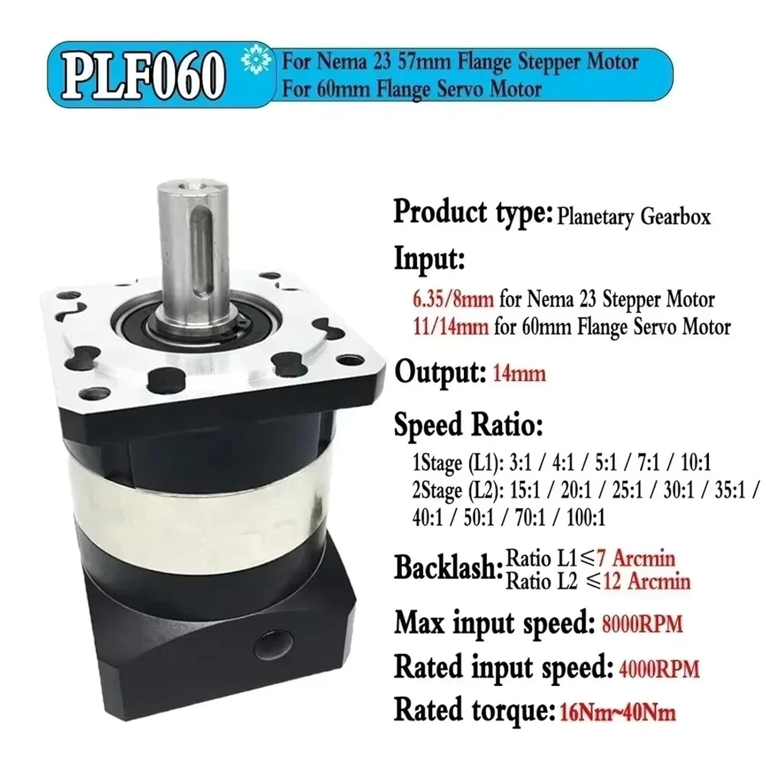 1pcs High-Precision Nema23 Nema34 Planetary Gearbox, 5:1 10:1 Ratio, Low-Backlash for 60mm 80mm 90mm 110mm Servo Motor Reduction(PLF090-12.7mm Input,5 to 1)