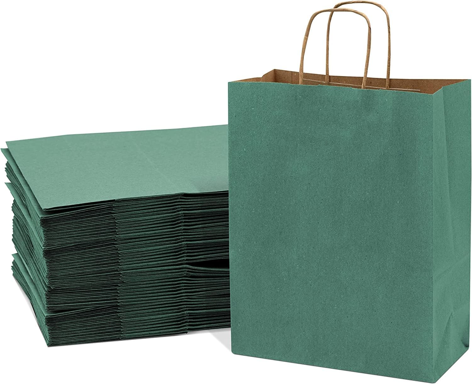 MARKQ [Set of 12] Dark Green Paper Bags with Handles - [33x26x12 cm] Large Kraft Gift Bags for Birthday Party Favors, Crafts, Bridal Shower, Weddings & Eid Gifts