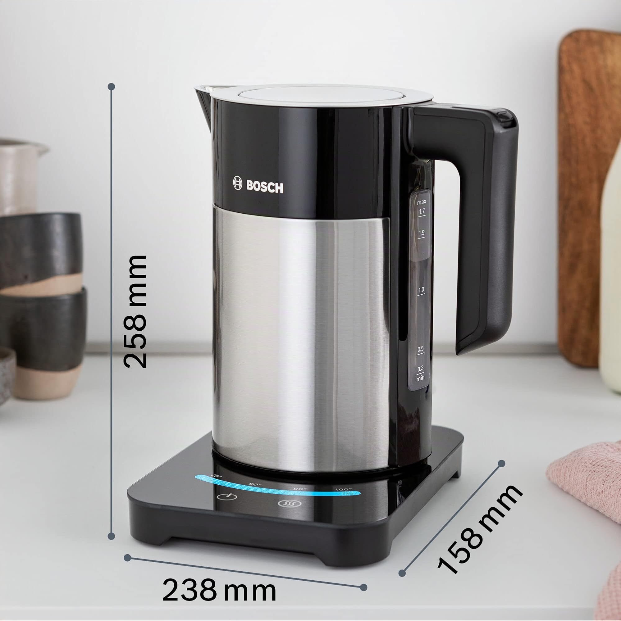 Bosch TWK7203 Bollitore, 2200 W, 7 Cups, Nero/Acciaio con Display Touch