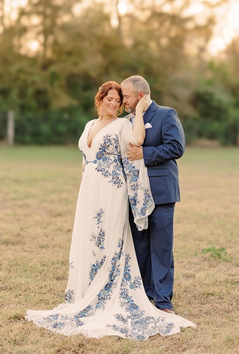 Boho Long Sleeve Wedding Dresses for Bride Blue Floral Embroidered Chiffon V Neck Maxi Bridal Gowns with Train - Image 2