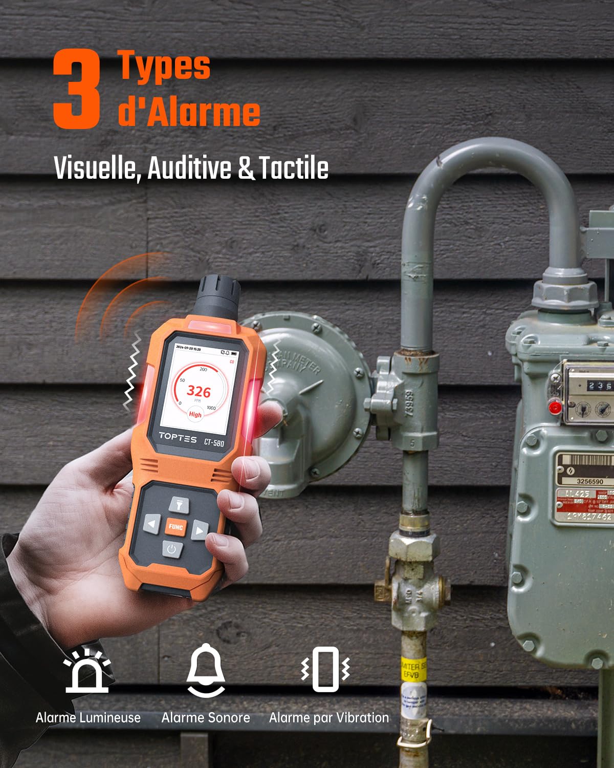 TOPTES CT-580 Détecteur de monoxyde de Carbone, détecteur de CO Rechargeable & Alarmes par Vibration, visuelles et sonores, Alarme CO Portable, 0-1000PPM pour Maison, Voiture, Camping & Voyages
