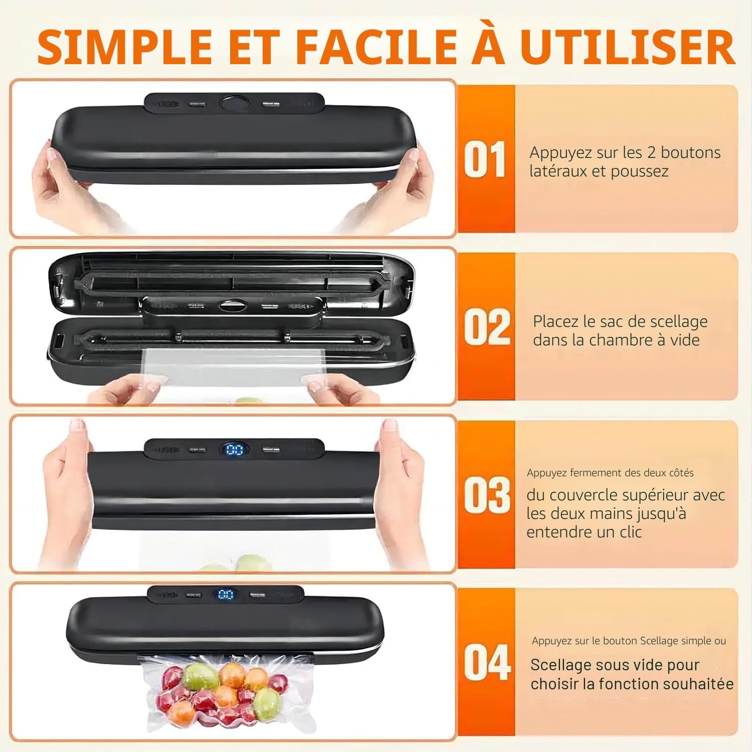 Machine à emballer sous vide automatique pour aliments, scellage sous vide One Touch pour la conservation des aliments secs et humides, machine à emballer sous vide compacte (Noir)
